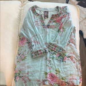 Johnny Was Floral Embroidered Tunic - Light Blue and Pink